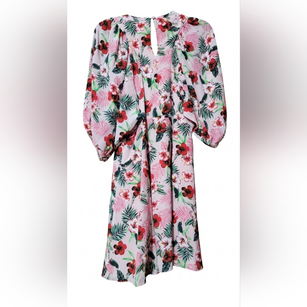 Nwt LES RÊVERIES Floral Silk Mini Dress Blouson Puff Sleeves Hibiscus Palms - Picture 3 of 12